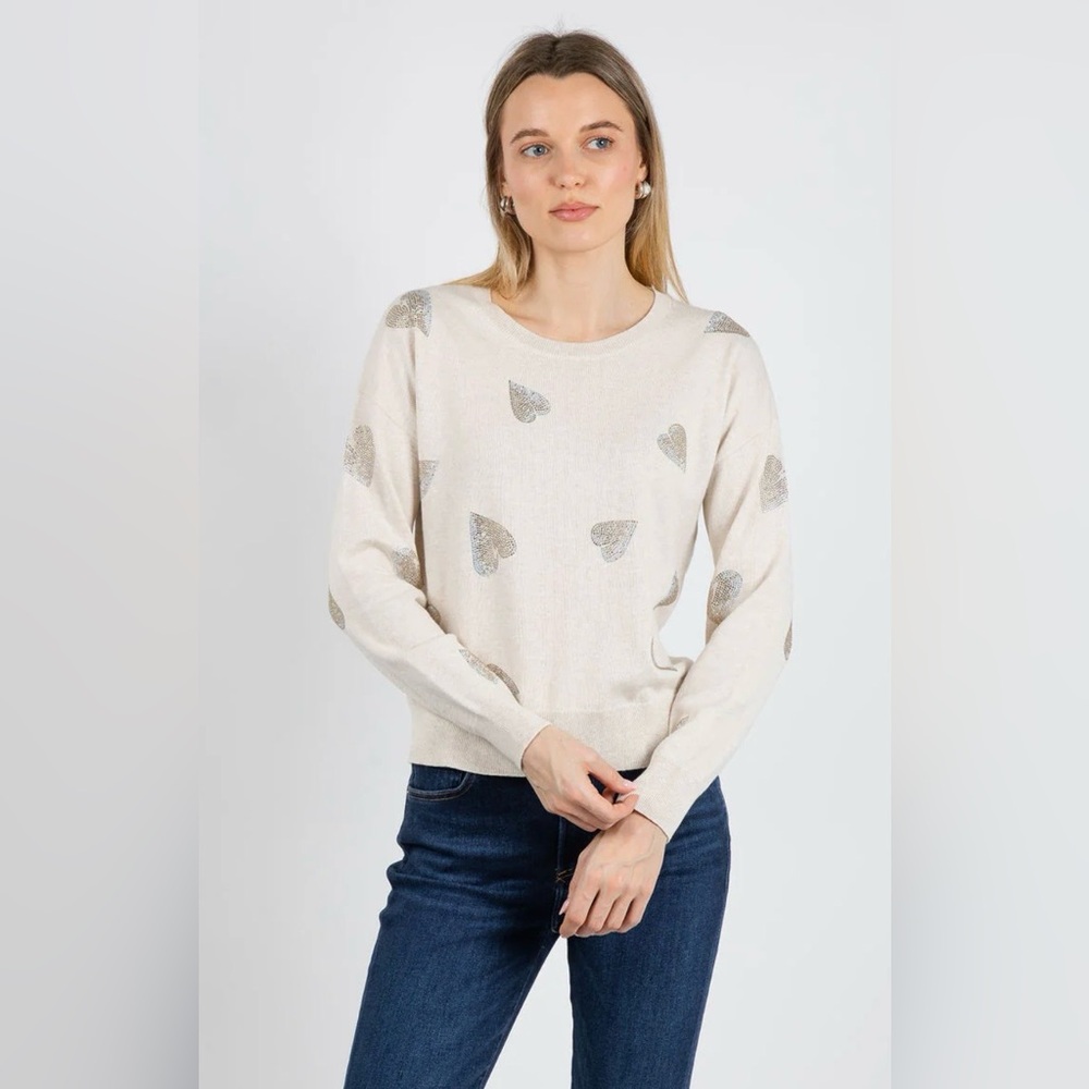 J Society's Bonnie Glitter Heart Crew Sweater in Sugar Cookie